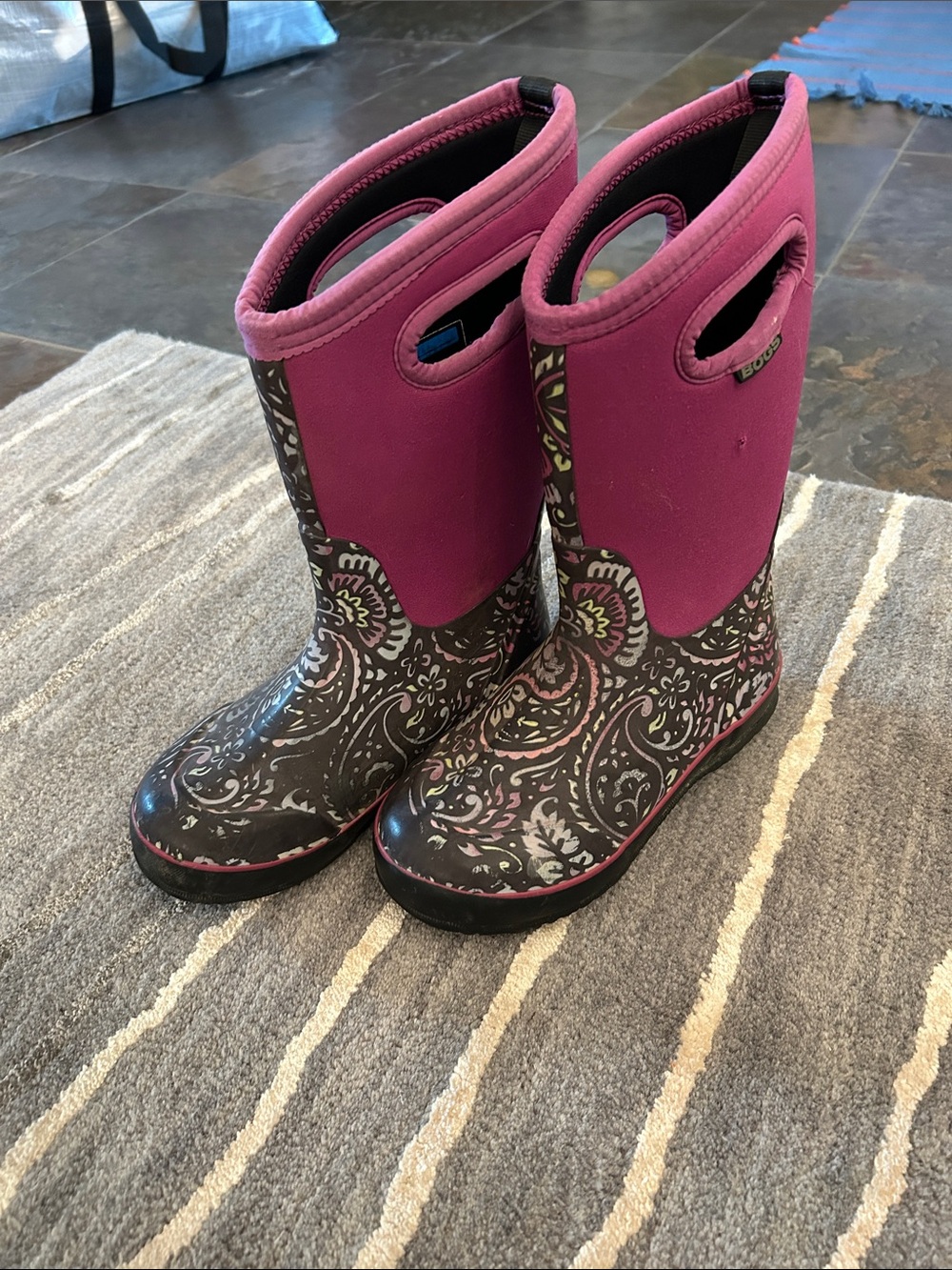 Bogs Kids Tall Paisley Rain Boots in Magenta and Black